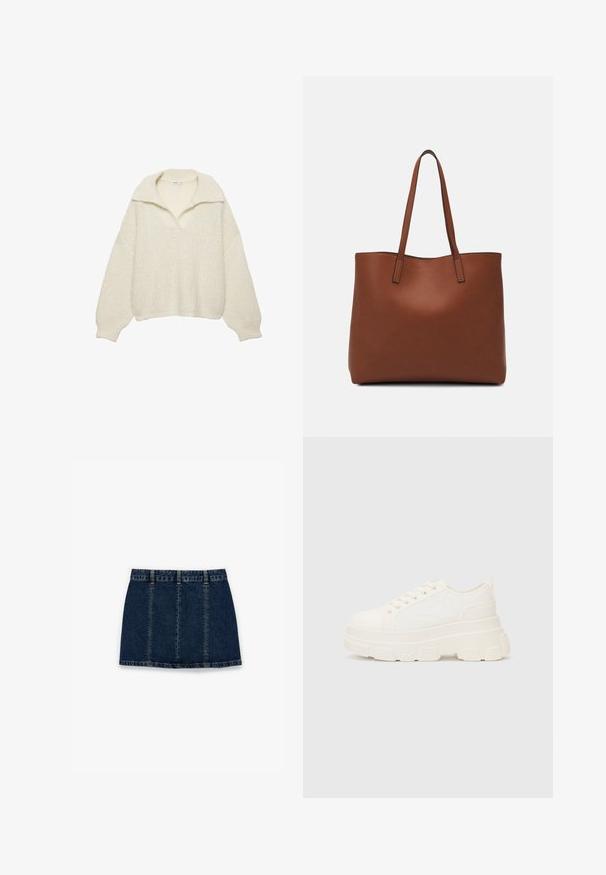 Neulepaita off-white-värissä, valmistettu paksusta neulemateriaalista. Ominaisuuksiin kuuluu leveä kaulus, putoavat olkapäät sekä ribbireunat helmassa ja hihoissa. Laatikkomainen muotoilu.; Tummansininen farkkuhame, jossa on viisi vyölenkkiä, rikottu helma ja pystysaumadetaljoinnit. Suora leikkaus, joka on kevyt ja mukava.; Valkoinen kangaskenkä paksulla pohjalla, pyöreällä kärjellä ja viidellä nauhakuutiolla. Takareunan vipu helpottaa pukemista. Sileä pinta, minimalistinen muotoilu.; Ruskea nahkainen olkalaukku, jossa on sileä pinta, avoin yläosa ja kaksi olkahihnaa. Omaavat vain minimaalisen ompelun eikä näkyvää metalliosaa.