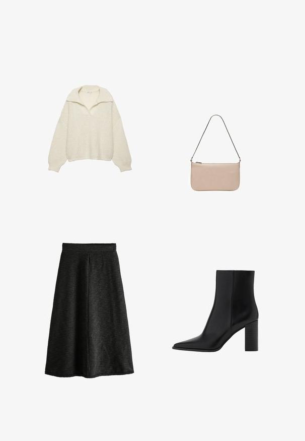 Pulover în alb murdar, realizat dintr-un material tricotat gros. Dispune de un guler larg, umeri lăsați și tivuri și mansete ribbate. Design boxy.; Fustă tricotată neagră, cu un design evazat, fabrică texturată, lungimea până la gamă și talie elastică. Fără buzunare sau embellishments.; Botine negre din piele cu vârf ascuțit, toc pătrat, textură netedă și detalii de cusătură de-a lungul jantelor. Toții au o înălțime de aproximativ 3,5 inci.; Geantă rectangulară bej, cu o textură netedă, curea din lanț argintiu și închidere cu fermoar în partea de sus. Design simplu și minimalist.