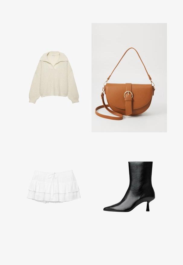 Ecru színű pulóver, vastag kötésű anyagból készült. Széles gallérral, ejtett vállakkal, valamint bordás szegéllyel és mandzsettával rendelkezik. Dobozos kialakítású.; Fehér, réteges szoknya három fodros résszel, elasztikus derékbőséggel és húzózsinórral. Könnyű, texturált anyagból készült.; Fekete bokacsizma fényes bőrből, hegyes orral és karcsú sarokkal, sima textúrával és minimalista dizájnnal.; Barna bőr keresztbody táska ívelt formával, aranyszínű fémrészekkel és csat díszítéssel. Levehető vállpánttal rendelkezik.