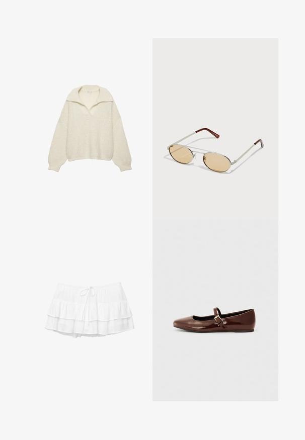 Pulover u off-white boji, izrađen od debljeg pletenog materijala. Ima široki ovratnik, spuštene rukave i rebrasti rub te manžete. Kutijasti dizajn.; Bijela slojevita suknja s tri naborane sloja, elastičnom gumicom i detaljem s vezicom. Izrađena od laganog, teksturiranog materijala.; Smeđe lakirane balerinke s kvadratnim vrhom i trakicom koja sadrži mali zlatni kopču. Glatka tekstura, niska potpetica i minimalistički dizajn.; Metalne sunčane naočale s ovalnim, svjetlosmešim lećama. Tanjurasti srebrni okvir s teksturiranim detaljima i crvenkasto-smešnim vrhovima na drškama.; Even&Odd Ručna torba - beige