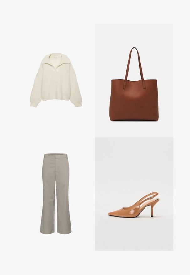 Ecru színű pulóver, vastag kötésű anyagból készült. Széles gallérral, ejtett vállakkal, valamint bordás szegéllyel és mandzsettával rendelkezik. Dobozos kialakítású.; Beige, egyenes lábú rövidnadrág sima anyagból. Elől zsebbel és letisztult derékpánttal rendelkezik.; Fingerszűk, hegyes orrú, háttámlás sarokcipő sima, fényes barnás anyagból. Íves kivágású dizájn és karcsú stiletto sarkú. Ezüst csattal ellátva.; Barna bőr vászontáska sima textúrával, nyitott tetejű dizájnnal és két vállpánttal. Minimális varrással és látható hardver nélkül készült.