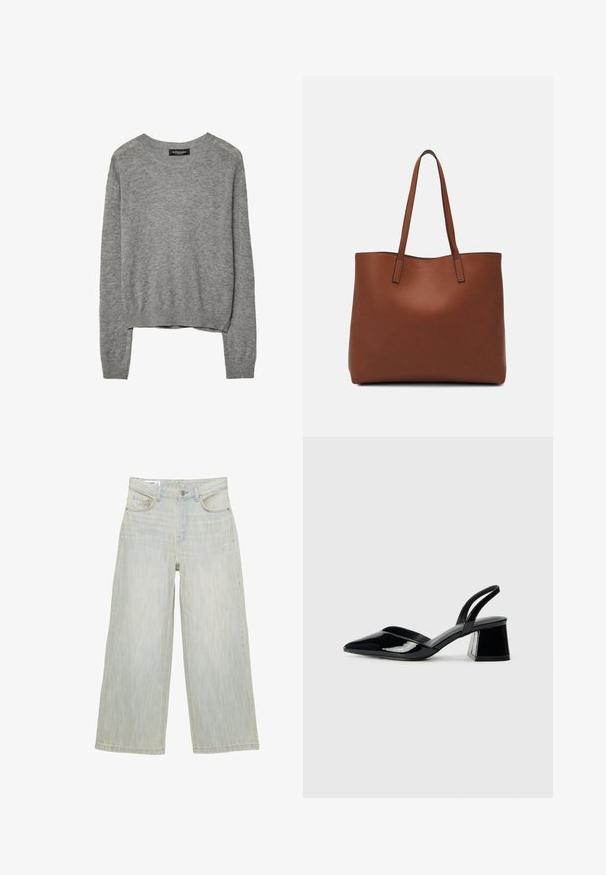 Harmaa pitkähihainen neulepaita, jossa on pyöreä kaula-aukko ja ribbireunat. Paita on hieman lyhyt ja pehmeästä materiaalista valmistettu.; Vaaleansiniset leveälahkeiset farkut korkealla vyötäröllä, edessä nappi, vetoketjuluukku, vyölenkit ja viisi taskua.; Mustat patentoitu nahkakengät, joissa on säären takaosa ja terävä kärki, sekä geometrinen palikkakorko. Sisältää tyylikkään, minimalistisen muotoilun ja sileän pinnan.; Ruskea nahkainen olkalaukku, jossa on sileä pinta, avoin yläosa ja kaksi olkahihnaa. Omaavat vain minimaalisen ompelun eikä näkyvää metalliosaa.