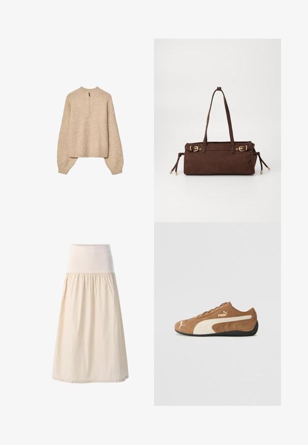 Pull en tricot beige avec un col montant, une fermeture éclair mi-longue et des manches à épaule tombante. Comprend un ourlet et des poignets côtelés.; Jupe beige mi-longue avec une large ceinture élastique et un tissu drapé et fluide. Texture lisse avec une apparence douce et légère.; Baskets basses en daim marron avec des accents crème, surface texturée, semelle en caoutchouc noir et logo brodé sur le côté et la languette.; Sac cabas en suède marron avec deux poignées, accents en métal doré et liens latéraux ajustables. Comprend une fermeture éclair et une texture lisse.