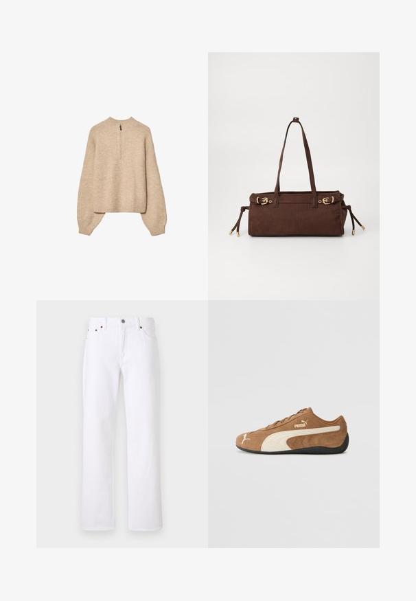 Vaaleanbeige neulepusero, jossa on korkea kaulus, puoleen väliin ulottuva vetoketju ja tippalaput. Varustettu ribbauslahkeilla ja hihoilla.; Valkoiset farkut, joissa on suora istuvuus, viisi taskua ja metallinen napitus. Mukana beige ommel ja näkyvät saumat.; Ruskean nahkaiset alhaiset tennarit, joissa on kerma valkoisia yksityiskohtia, teksturoitu pinta, musta kumipohja ja brodeerattu logo sivulla ja kielessä.; Ruskea mokkanahkainen kantolaukku, jossa on kaksi olkahihnaa, kultaiset yksityiskohdat ja säädettävät sivunauhat. Varustettu vetoketjulla ja sileällä pinnalla.