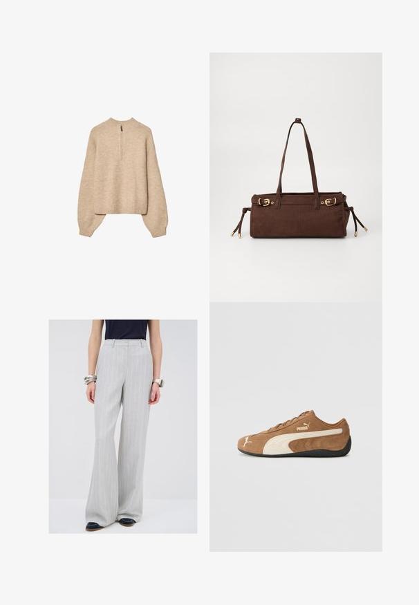 béžový pletený svetr s vysokým límcem, půl zips a rukávy s klesajícími rameny. Má vroubkovaný lem a manžety.; Světle šedé široké kalhoty s vertikálním pruhovaným vzorem. Vyrobené z hladké látky s dobře padnoucím střihem a předními záhyby.; Hnědé semišové nízké tenisky s krémovými akcenty, texturovaným povrchem, černou gumovou podrážkou a vyšívaným logem na boku a jazyku.; Hnědá semišová taška přes rameno se dvěma ramenními popruhy, zlatými kovovými detaily a nastavitelnými bočními stahovacími šňůrkami. Obsahuje zipové uzavření a hladký povrch.