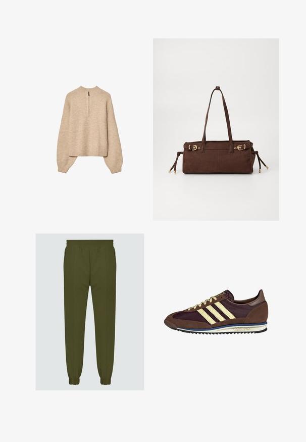 Beige knit pullover sweater with a high neckline, half-length zipper, and drop-shoulder sleeves. Features ribbed hem and cuffs.; Olive green jogger pants made from smooth fabric, featuring an elastic waistband, tapered cuffs, and side pockets for functionality.; Brown and burgundy sneaker with suede and mesh materials, featuring three cream stripes, textured fabric on the tongue, and a rubber sole.; Brown suede tote bag with two shoulder straps, gold hardware accents, and adjustable side ties. Features a zip closure and smooth texture.