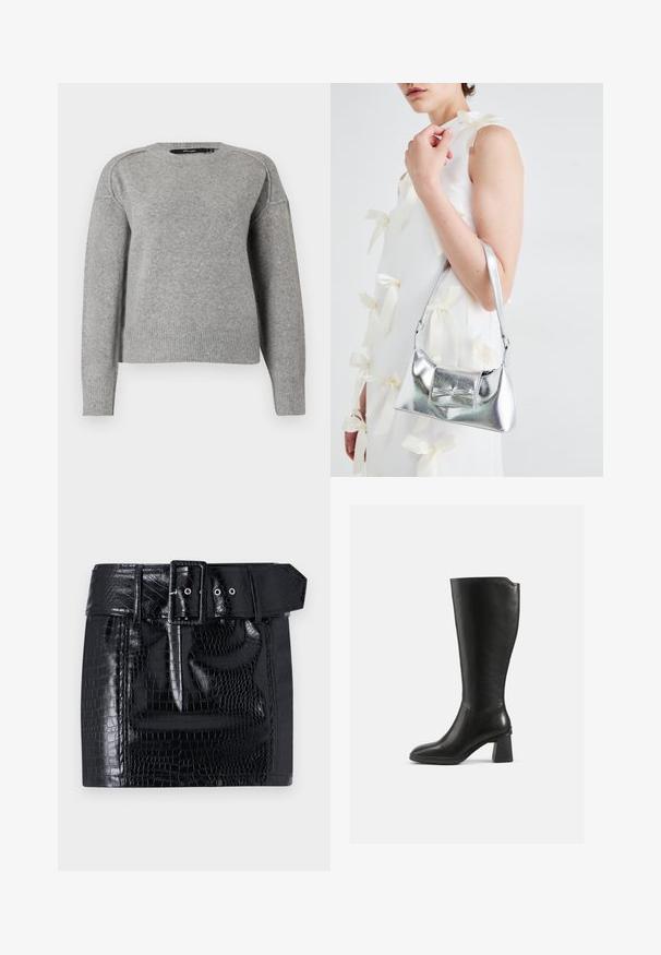Lys grå genser med rund hals, ribbestrikkede mansjetter og hem, og en myk tekstur. Har senkede skuldre for en avslappet passform.; Svart imitert skinn mini skjørt med krokodillemønster, bred belte med firkantet spenne, og trykknappdetalj i livet.; Sorte lærkne høye støvler med firkantet blokkheel. Glatt tekstur, tettsittende design, minimal sømdetalj og rund tå.; Sølvmetallisk håndveske med en strukturert form, med en topphåndtak og sløyfedetalj foran. Glatt tekstur, reflekterende overflate.