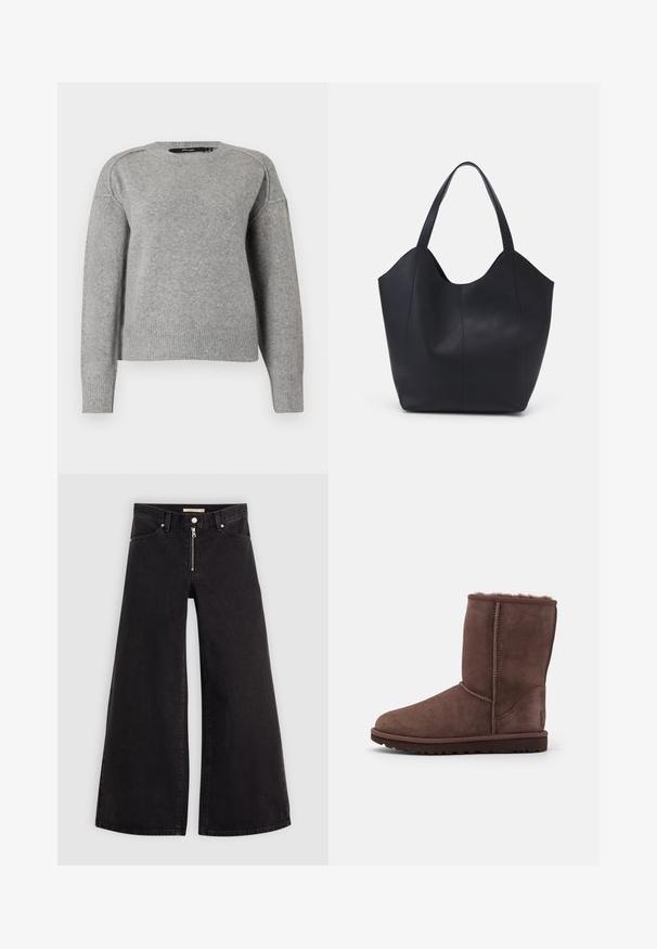 Vaaleanharmaa neulepaita, jossa on pyöreä pääntie, ribatut hihansuut ja helma, sekä pehmeä tekstuuri. Muodostaa rentoa istuvuutta pudotettujen olkapäiden ansiosta.; Mustat leveälahkeiset farkut, joissa on vetoketjufrunti, viisi-taskuinen muotoilu ja hienovaraiset ompelusyyt. Sileä pinta ja rento tyyli.; Ruskea mokkanahkainen nilkkabootsi, jossa on pehmeä shearling-vuori, pyöreä varvastyyny ja kumipohja. Sivussa ja takana on saumanommel.; Mustat kangaskassit, jotka on valmistettu sileästä nahasta, jossa on kaareva, avoin yläosa, kaksi olkahihnaa ja minimalistinen muotoilu.