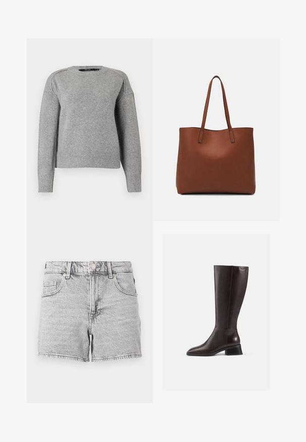 Gai pelēks džemperis ar apaļu kakla izgriezumu, ribinātām piedurknēm un apakšmalu, kā arī mīkstu tekstūru. Iekļauj nolaižas plecus, kas nodrošina brīvu piegriezumu.; Pelēki denima šorti ar augsto jostasvietu, piecu kabatu dizainu un saplēstu apakšmalu. Audumam ir maiga tekstūra un nodilis izskats.; Ceļa augstuma brūni ādas zābaki ar gludu apdari, noapaļota purngala un melnu žurnālā. Vienkāršs dizains ar minimālām detaļām.; Brūna ādas iepirkumu soma ar gludu tekstūru, atvērta augšdaļa un divas plecu siksnas. Izceļas ar minimālām šuvēm un redzamu aparatūru nav.