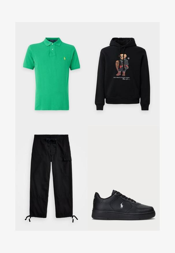 Černá mikina s kapucí, na které je medvěd v slunečních brýlích, s kabátem, botami a dřevěnou raketou, pod nímž je text "Polo Bear od Ralpha Laurena".; Polo Ralph Lauren THE ICONIC MESH POLO SHIRT - Polotričko - golf green; Černé cargo kalhoty s elastickým pasem a šňůrkou. Obsahují boční kapsy a nastavitelné manžety s přezkami. Vyrobené z lehkého materiálu.; Černé kožené tenisky s perforovaným designem, plochým šněrováním a bílým vyšitým logem na boku. Tlustá černá gumová podrážka.