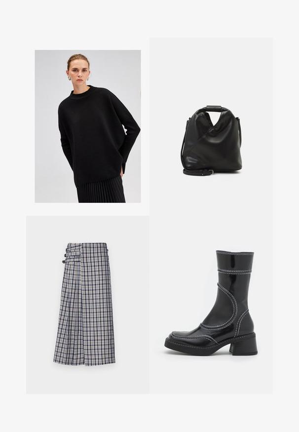 Čierny oversized sveter vyrobený z textúrovanej pleteniny, s vysokým golierom a dlhými, voľnými rukávmi, skombinovaný s plisovanou čiernou sukňou.; Sukňa do dĺžky kolien s plisovaním v modro-krémovom károvanom vzore, so bočným zapínaním a detailom vo forme slučky. Vyrobená z ľahkého materiálu.; Čierne lakované kožené členkové čižmy s bielym prešívaním, zaoblenou špičkou a blokovým podpätkom. Majú zakrivené línie dizajnu a hladkú textúru.; Čierna, mäkká kožená taška s jedinečným zavinutým dizajnom. Disponuje krátkym uškom a odnímateľným ramenným popruhom. Minimalistický štýl.