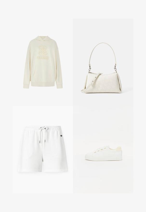 Kreem kangastulekott, millel on omavahel põimuv disain ja keskel õmmeldud "GUESS" logo, kangaroosakiga ja soonikuga varrukad.; Valged spordilühiantsad elastse vöökoha ja paelaga. Pehme puuvillane materjal, millel on minimaalne õmblus ja väike logo.; Valge tenniseking, millel on kangast ülemine osa, ümmargune varvas ja lame kummitald. Omab kuldseid niidikohti ja heledat beeži kandmisel.; Valge käekott, millel on sile tekstuur, kaarjas siluett ja reguleeritav õlavöö. Omab diskreetset logo mustrit ja hõbedaseid detailide aktsente.