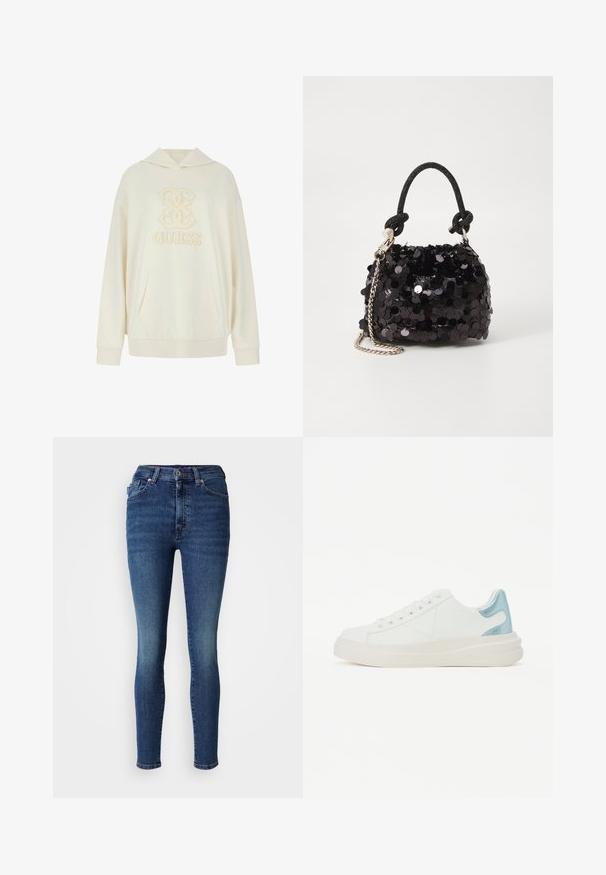 Krém színű kapucnis pulóver, amelyen egy összekapcsolt mintájú logó található, a közepén "GUESS" hímzéssel, kenguru zsebbel és bordázott mandzsettákkal.; Magas derekú, slim fit kék farmernadrág denim anyagból. Klasszikus öt zsebes dizájn, cipzáras záródás és enyhe kopás a frontrészen.; Fehér sportcipők sima bőr felsőrésszel, világoskék fényes részlettel a saroknál és vastag fehér talppal.; Fekete flitteres mini kézitáska csomózott textúrájú pánttal és ezüst lánccal. Lekerekített forma, ráncolt tetejével és fényvisszaverő részletekkel.