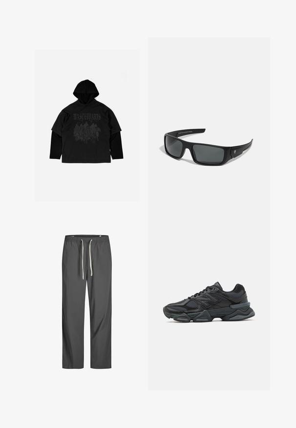 Čierna vrstvená mikina s krátkym rukávom, s grafickým potlačou a kapucňou. Vyrobená z mäkkej tkaniny, s pohodlným strihom a jemnou textúrou.; Sivé, ľahké nohavice s elastickým pásom a bielym šnúrkami. Voľný strih, hladká textúra, žiadne viditeľné vzory ani akcenty.; Čierna bežecká obuv so zmesou sieťoviny a syntetických materiálov, robustnou podrážkou, zakriveným dizajnom a výrazným logom na boku.; Čierne slnečné okuliare s obdĺžnikovým rámom, tmavošedými sklami a hladkým plastovým povrchom. Výrazný logotyp na boku.