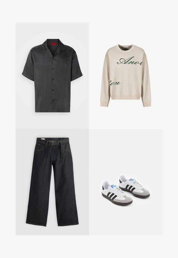 Krémový pletený svetr s zeleným kurzivním textem. Žebrovaný výstřih a manžety, pohodlný střih, s měkkou texturou.; Kratší rukáv, v límečkovém střihu, košile z tmavě šedé látky s hladkým povrchem; obsahuje pět černých knoflíků a červenou značkovou nálepku na krku.; Tmavé denimové kalhoty s širokými nohavicemi a páskem v pase, s předními kapsami a kontrastním prošíváním. Hladká textura s čistým designem.; Sportovní boty s bílým koženým svrškem, šedou semišovou špičkou a třemi černými pruhy. Obsahují modré logo na jazyku a texturovanou gumovou podrážku.
