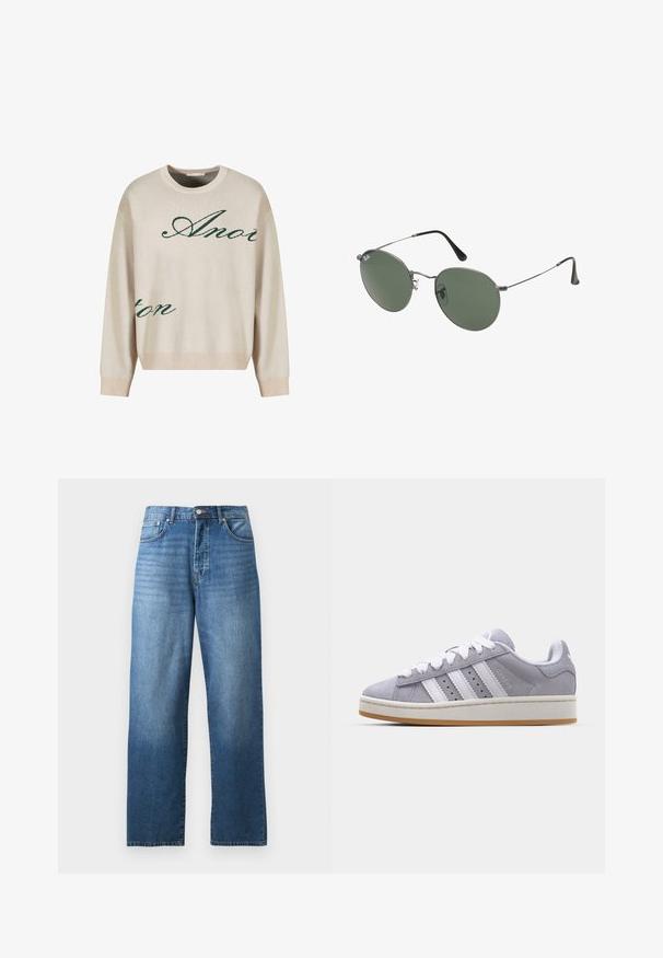 Beżowy sweter z dzianiny z zielonymi, kursywnymi napisami. Rybaczki przy dekolcie i mankietach, luźny krój, o miękkiej fakturze.; Biała koszulka z krótkim rękawem wykonana z bawełny, z okrągłym dekoltem i luźnym krojem. Gładka faktura, bez widocznych wzorów lub akcentów.; Proste niebieskie dżinsy z pięcioma kieszeniami i zapięciem na guzik i suwak, wyeksponowane na białym tle.; Szare zamszowe trampki z białymi paskami, okrągłym noskiem i gumową podeszwą. Zawierają perforacje po bokach oraz teksturowany uchwyt na pięcie.; Okulary przeciwsłoneczne z metalową ramą i owalnymi zielonymi soczewkami. Cienka srebrna metalowa rama i czarne końcówki zauszników. Minimalistyczny design, bez widocznych logo.