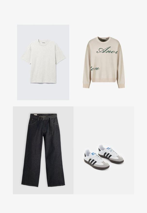 Pulover tricotat bej cu text verde scris cursiv. Guler și mansete cu nervuri, croială lejeră, cu textură moale.; Tricou scurt, de culoare gri deschis, confecționat din material jersey. Are un guler tip crew neck, o croială lejeră și o textură subtilă. Eticheta indică "WEEKDAY."; Pantaloni largi din denim închise la culoare, cu talie beltată, având buzunare frontale și cusături contrastante. Textură netedă cu un design simplu.; Încălțăminte sport cu un superior din piele albă, vârf din suede gri și trei dungi negre. Prezintă un logo albastru pe limbă și o talpă din cauciuc texturat.