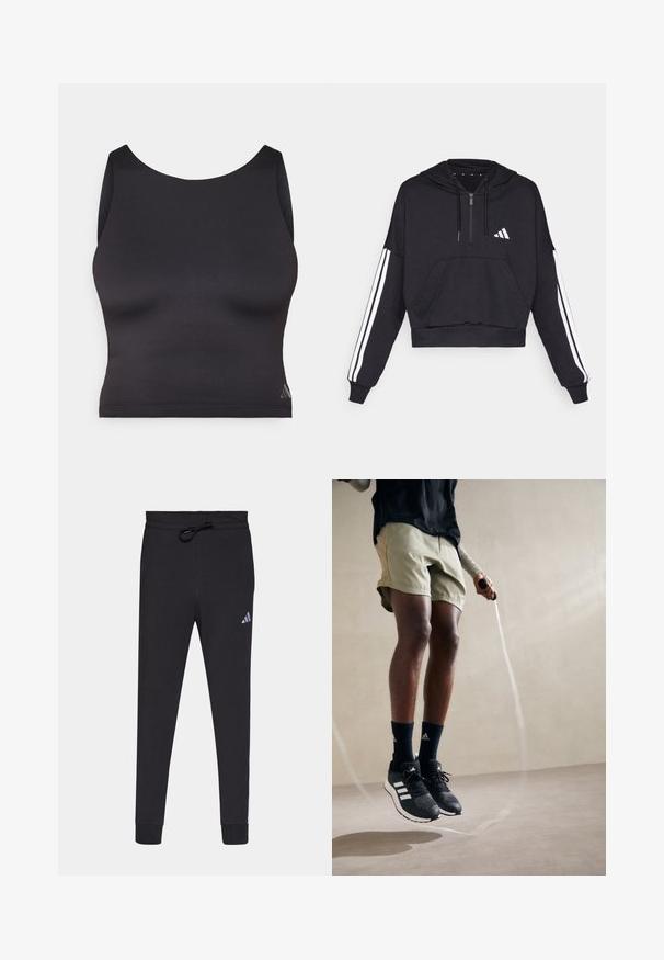 Schwarzer, kurz geschnittener Hoodie aus weichem Stoff, mit einer Fronttasche, Reißverschluss und weißen Streifen entlang der Ärmel sowie einem Logo auf der Brust.; Schwarzes sportliches Crop-Top aus glattem, elastischem Material mit runder Ausschnittform und ärmellosem Design. Mit dezentem Logo-Detail.; Schwarze Sporthose aus weichem Stoff, mit einem Kordelzugbund, schmal zulaufenden Beinen und einem kleinen weißen Adidas-Logo am linken Oberschenkel.; Schwarze Sportschuhe mit weißen Streifen, olivgrüne Shorts und marineblaue Socken. Ein Springseil befindet sich in den Händen der Person. Neutraler Hintergrund.