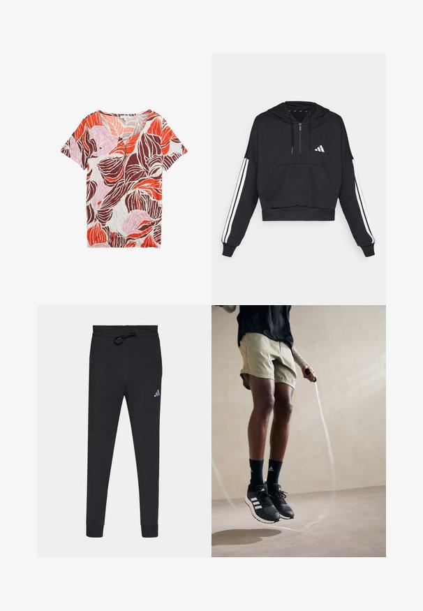 Schwarzer, kurz geschnittener Hoodie aus weichem Stoff, mit einer Fronttasche, Reißverschluss und weißen Streifen entlang der Ärmel sowie einem Logo auf der Brust.; Kurze Ärmel Bluse mit V-Ausschnitt, ausgestattet mit einem durchgehenden Blattmuster in Orange, Pink und Braun auf einem hellen Hintergrund, aus strukturiertem Stoff gefertigt.; Schwarze Sporthose aus weichem Stoff, mit einem Kordelzugbund, schmal zulaufenden Beinen und einem kleinen weißen Adidas-Logo am linken Oberschenkel.; Schwarze Sportschuhe mit weißen Streifen, olivgrüne Shorts und marineblaue Socken. Ein Springseil befindet sich in den Händen der Person. Neutraler Hintergrund.