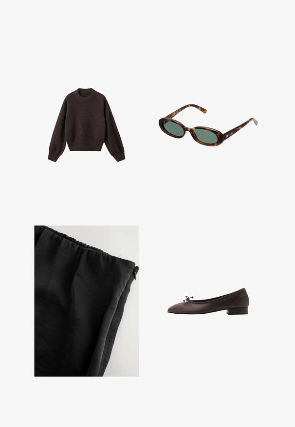 Brown knit sweater with a round neckline, dropped shoulders, and ribbed cuffs. Soft texture, cropped design, and loose fit.; Sleeveless white dress with a round neckline and an asymmetrical hemline that drapes to a point on one side.; Black, lightweight fabric with a smooth texture, featuring a gathered waistband and a side zipper. Simple design with no additional patterns.; Brown leather ballet flat with a rounded toe and small block heel. Features a thin bow at the front and subtle stitching details.; Tortoiseshell sunglasses with oval frames and green lenses. Features thin arms with a metallic accent near the hinges.; Woven yellow handbag with a curved top handle and an unstructured shape. The textured surface features a crisscross pattern throughout.