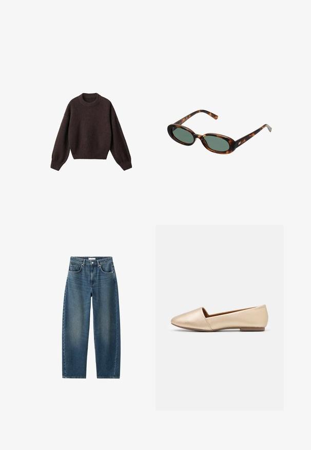Pulover tricotat maro cu guler rotund, umeri lăsați și manșete cu nervuri. Textură moale, design scurt și croi lejer.; Rochie albă fără mâneci, cu decolteu rotund și o linie de tiv asimetrică, care se lasă într-un vârf pe o parte.; Jeans din denim de culoare albastru închis, cu croială dreaptă, design cu cinci buzunare și închidere clasică cu nasture. Textură moale cu decolorare subtilă.; Pantofi pla din piele bej moale, cu vârful rotunjit, textură netedă și design minimalistic. Talpă de profil mic pentru o purtare ușoară.; Ochelari de soare cu ramă din scoică de broască țestoasă și lentile verzi. Au brațe subțiri cu un accent metalic aproape de balamale.; Geantă țesută galbenă, cu un mâner curbat în partea de sus și o formă nestrcturată. Suprafața texturată prezintă un model în cruce pe întreaga ei suprafață.