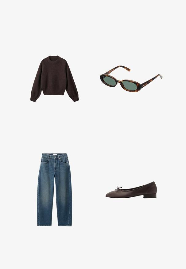Hnědý pletený svetr s kulatým výstřihem, spadlými rameny a žebrovanými manžetami. Měkká textura, zkrácený střih a volný střih.; Bílé šaty bez rukávů s kulatým výstřihem a asymetrickým lemem, který na jedné straně splývá do špičky.; Tmavě modré džíny s rovnými nohavicemi, designem pěti kapes a klasickým knoflíkovým zapínáním. Měkká textura s jemným vyblednutím.; Hnědé kožené baletky s kulatou špičkou a malým blokovým podpatkem. Mají tenkou mašličku vpředu a decentní švy.; Sluneční brýle ve hmotě želvoviny s oválnými obroučkami a zelenými čočkami. Mají tenké stranice s metalickým akcentem u závěsů.; Tkaná žlutá kabelka s zakřivenou horní rukojetí a neformovaným tvarem. Texturovaný povrch má skrz naskrz křížový vzor.
