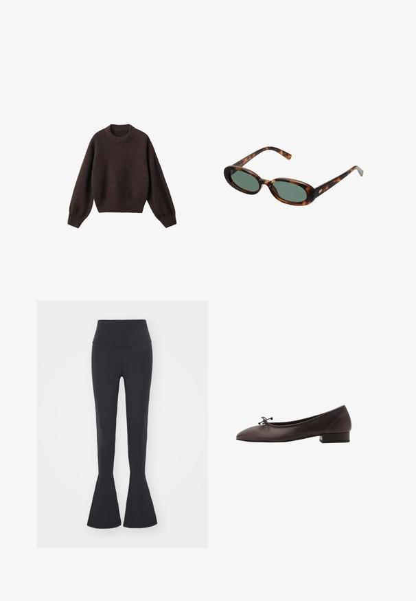 Bruine gebreide trui met een ronde halslijn, verlaagde schouders en geribbelde boorden. Zachte textuur, cropped ontwerp en losse pasvorm.; Mouwloze witte jurk met een ronde halslijn en een asymmetrische zoom die aan de ene kant tot een punt hangt.; Zwarte flared legging met een hoge tailleband, gemaakt van rekbaar materiaal. Glad textuur met een aansluitende pasvorm en flared zoom.; Bruine leren balletschoen met een ronde neus en een kleine blokhak. Kenmerkt zich door een dunne strik aan de voorkant en subtiele stikdetails.; schildpadbril met ovale monturen en groene lenzen. Heeft dunne spijlen met een metalen accent nabij de scharnieren.; Geweven gele handtas met een gebogen handvat aan de bovenkant en een ongestructureerde vorm. Het gestructureerde oppervlak heeft een kruissteekpatroon over de hele tas.