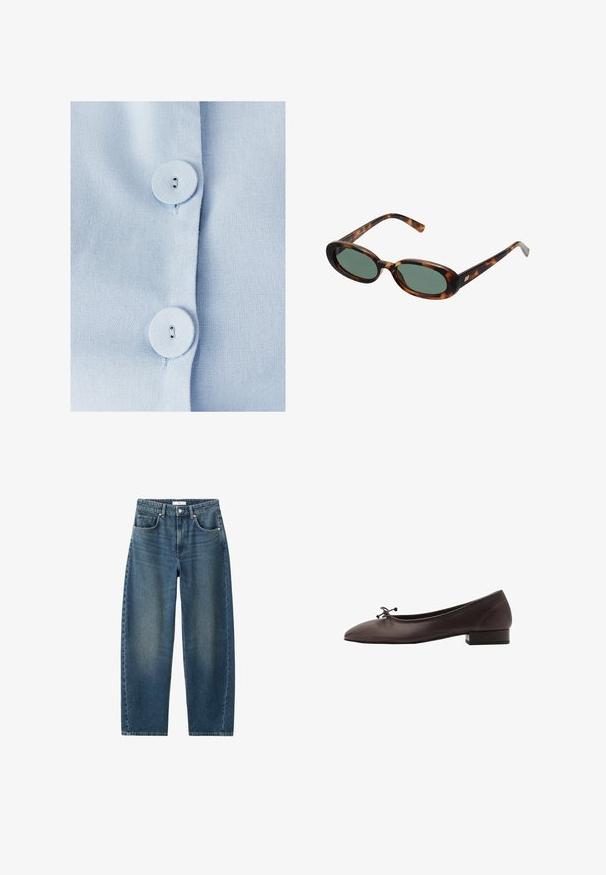 Rjav pleteni pulover z okroglim izrezom, spuščenimi rameni in rebrastimi manšetami. Mehka tekstura, skrajšan dizajn in ohlapen kroj.; Svetlo modra tkanina srajca z dvema okroglima gumboma in gumbnimi luknjami, teksturiranimi tkani materiali in urejenim gumbnim zapenjanjem.; Temno modri denim kavbojki s ravnimi hlačnicami, pet žepi in klasičnim gumbom za zapiranje. Mehka tekstura z rahlo zbledelostjo.; Rjave usnjene balerinke z zaobljenim nosom in majhnim blokastim peto. Opremljene so z tanko pentljo spredaj in subtilnimi šivi.; Žirafne sončna očala z ovalnimi okvirji in zelenimi lečami. Imajo tanke ročice z metalnim poudarkom blizu tečajev.; Tkana rumena torba z ukrivljenim ročajem in neurejeno obliko. Teksture površine odlikuje križast vzorec po celotni torbi.