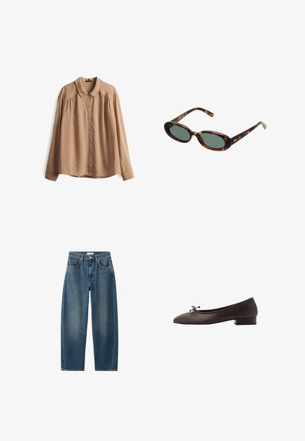 Maglione a maglia marrone con scollo rotondo, spalle scese e polsini a costine. Texture morbida, design corto e vestibilità ampia.; Camicia beige con colletto, maniche lunghe e vestibilità rilassata. Realizzata in tessuto liscio con una leggera texture e chiusura centrale con bottoni.; Jeans in denim blu scuro con gamba dritta, design a cinque tasche e chiusura con bottone classica. Texture morbida con leggera scoloritura.; Ballerina in pelle marrone con punta arrotondata e tacco a blocco piccolo. Presenta un sottile fiocco sul davanti e dettagli di cucitura discreti.; Occhiali da sole tartarugati con montatura ovale e lenti verdi. Presentano aste sottili con un accento metallico vicino alle cerniere.; Borsa a tracolla gialla intrecciata con manico curvo e forma non strutturata. La superficie testurizzata presenta un motivo a incrocio.
