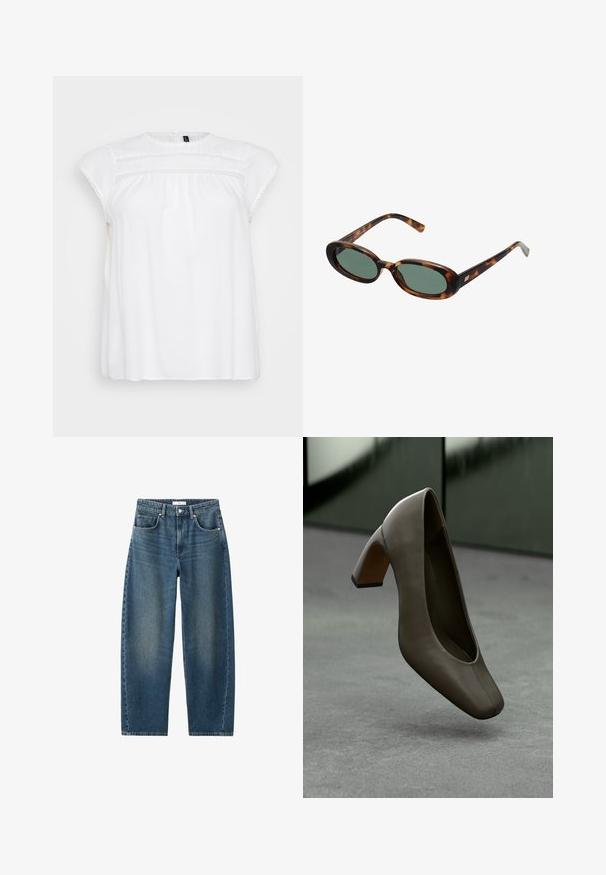 Maglione a maglia marrone con scollo rotondo, spalle scese e polsini a costine. Texture morbida, design corto e vestibilità ampia.; Blusa bianca con maniche corte a sbuffo, caratterizzata da una delicata rifinitura in pizzo lungo il colletto e il busto, realizzata in tessuto leggero.; Jeans in denim blu scuro con gamba dritta, design a cinque tasche e chiusura con bottone classica. Texture morbida con leggera scoloritura.; Scarpa con tacco alto in pelle verde oliva scuro, con punta quadrata e tacco a blocco, sospesa sopra un pavimento in cemento grigio con uno sfondo verde sfocato.; Occhiali da sole tartarugati con montatura ovale e lenti verdi. Presentano aste sottili con un accento metallico vicino alle cerniere.; Borsa a tracolla gialla intrecciata con manico curvo e forma non strutturata. La superficie testurizzata presenta un motivo a incrocio.; Orecchini in metallo argento con un design ondulato e scultoreo, caratterizzati da una finitura lucida e forme irregolari, che evidenziano un'estetica contemporanea.