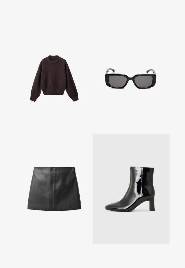 Maglione a maglia marrone con scollo rotondo, spalle scese e polsini a costine. Texture morbida, design corto e vestibilità ampia.; Gonna nera in pelle con una texture liscia, design aderente e silhouette minimalista. Presenta un dettaglio con cucitura centrale e una discreta cerniera laterale.; Stivaletto in pelle verniciata nera con punta a punta e tacco a blocco di altezza media. Texture liscia e design minimalista.; Occhiali da sole neri rettangolari con lenti scure, montatura in plastica liscia e tempie curve. Il design è voluminoso con un'estetica minimalista.