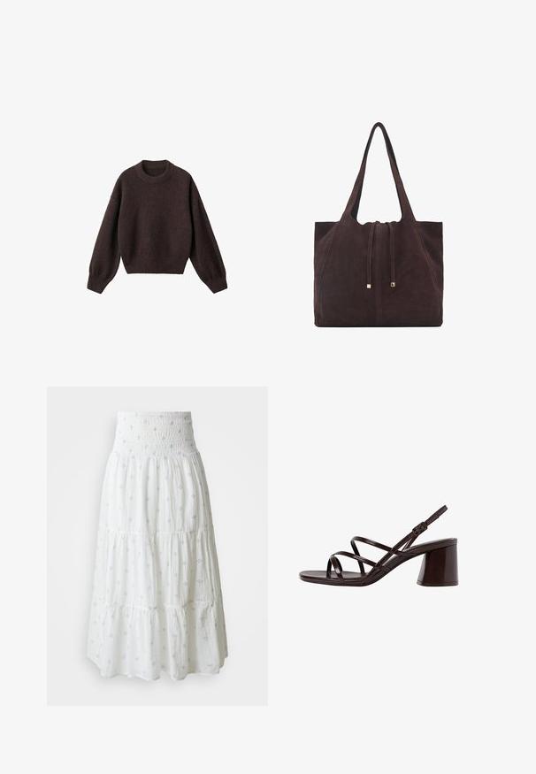 Ruskea neulepaita, jossa on pyöreä pääntie, rosoiset olkapäät ja ribbireunat. Pehmeä rakenne, lyhyt malli ja löysä istuvuus.; Valkoinen kerroksittain oleva hame, jossa on smokkivahvistusvyötärö ja vaaleansiniä koristekuvioita ympäriinsä. Valmistettu pehmeästä, kevyestä kankaasta.; Ruske sandaale sa visokom potpeticom s debljim petama, s glatkom, sjajnom površinom i višestrukim križnim trakama na gornjem dijelu.; Mango Shopping bag - dark brown