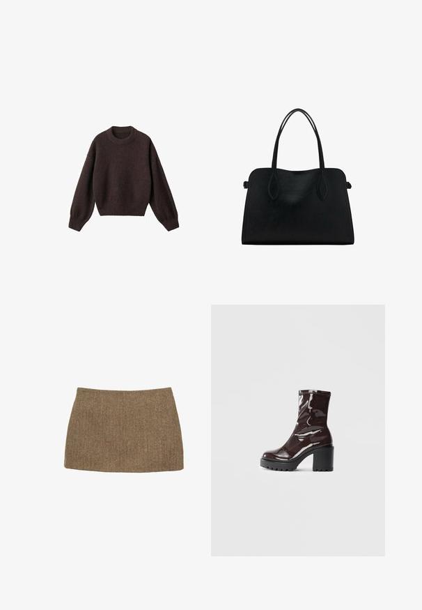 Brauner Strickpullover mit rundem Halsausschnitt, überschnittenen Schultern und gerippten Bündchen. Weiche Textur, kurzes Design und lockere Passform.; Brauner Minirock mit Fischgrätmuster, der eine gerade Schnittform und glatte Textur aufweist. Der Stoff wirkt gewebt und strukturiert. Keine sichtbaren Verschlüsse.; Glatte bordeauxrote Ankle Boots mit einem klobigen schwarzen Absatz, die eine glatte Oberfläche und ein einfaches Design aufweisen. Keine sichtbaren Verschlüsse oder Muster.; Schwarze Lederhandtasche mit zwei Schulterriemen, rechteckiger Form und minimalistischem Design auf weißem Hintergrund.