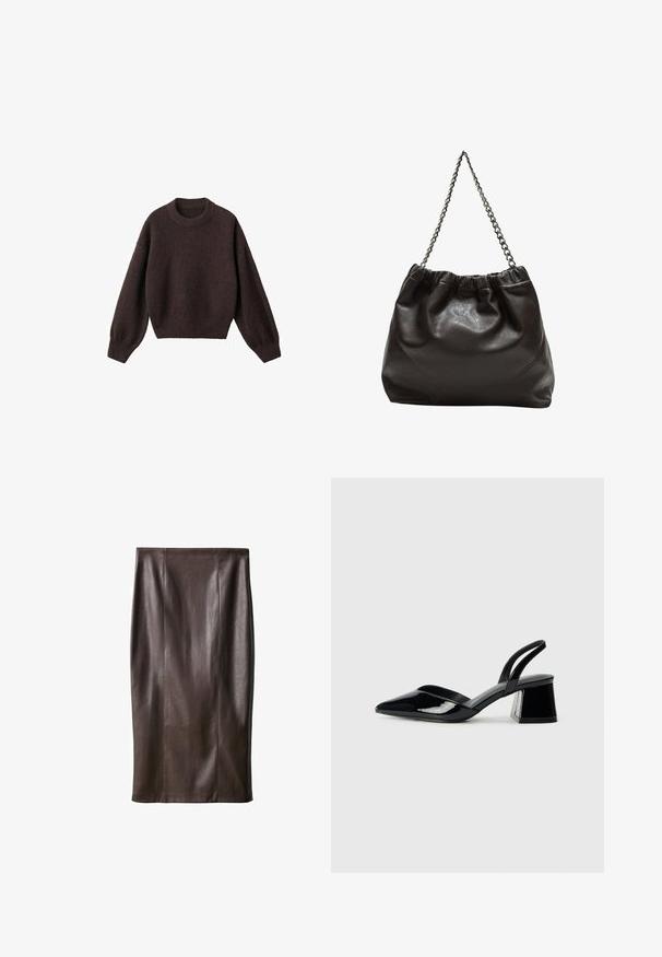 Smeđi pleteni pulover s okruglim izrezom, spuštenim ramenima i rebrastim rukavima. Mekana tekstura, skraćeni dizajn i slobodan kroj.; Smeđa kožna suknja olovka glatke teksture, do koljena, s vertikalnim šavovima za dizajn. Bez dodatnih elemenata ili ukrasa.; Crne lakirane kožne sandale s otvorenom petom i špicastim vrhom, s geometrijskom blok petom. Imaju elegantan, minimalistički dizajn i glatku teksturu.; Smeđa kožna torba s naboranim vrhom i lančićem za nošenje. Glatka tekstura s sjajnim završetkom i suptilnim šavnim detaljima sa strane.