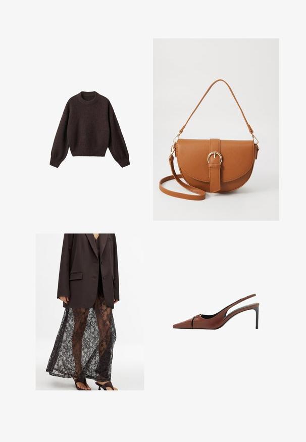 Brown knit sweater with a round neckline, dropped shoulders, and ribbed cuffs. Soft texture, cropped design, and loose fit.; Oversized brown blazer over a sheer black lace skirt with floral patterns, pairing with black heeled sandals.; Brown leather slingback heel with a pointed toe, cutout detail at the vamp, and a sleek stiletto heel. Smooth texture.; Brown leather crossbody bag with a curved shape, gold hardware, and a buckle accent. Features a detachable shoulder strap.