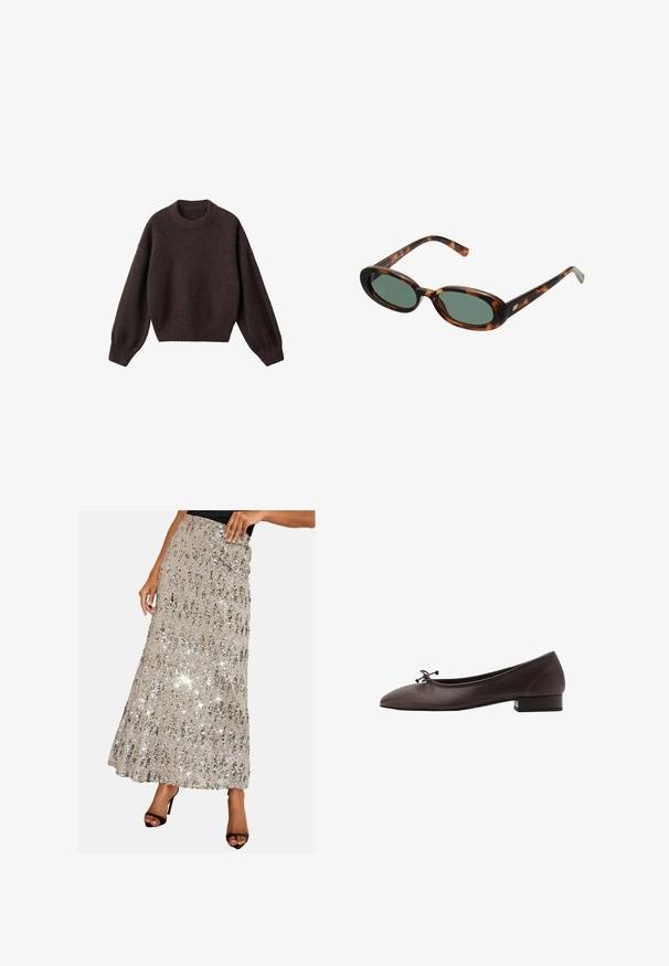 Hnedý pletený sveter s okrúhlym výstrihom, spustenými ramenami a rebrovanými manžetami. Mäkká textura, krátky strih a voľný fit.; Maxi sukňa z lesklých strieborných flitrov s textúrovaným, skladaným dizajnom. Má priliehavý pás a uvoľnený, splývavý strih.; Hnedé kožené baletky s zaoblenou špičkou a malým blokovým podpätkom. Obsahujú tenkú mašľu vpredu a jemné švy.; Slnečné okuliare v štýle korytnačiny s oválnymi rámami a zelenými sklami. Majú tenké nožičky s kovovým akcentom pri pántoch.; Tkaná žltá kabelka s oblúkovou hornou rukoväťou a neštruktúrovaným tvarom. Textúrovaný povrch obsahuje krížový vzor.