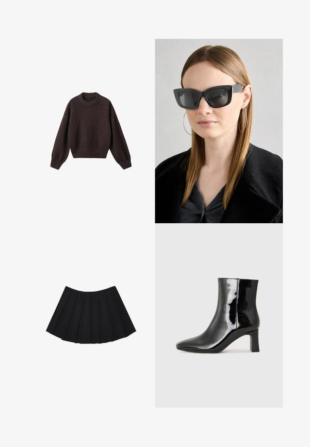 Brun strikket sweater med rund halsudskæring, sænkede skuldre og ribstrikkede manchetter. Blød tekstur, cropped design og løs pasform.; Sort plisseret nederdel med flere lodrette folder, en glat tekstur og en cirkulær kant, designet med en skjult lynlås i siden.; Sort lakeret ankelstøvle med spids tå og en midt-højde blokhæl. Glat tekstur og minimalistisk design.; Sorte katteøje solbriller med mørke linser, tykke rammer og subtile detaljer. Båret med en sort frakke og en grå bluse, med langt, glat hår.; Brun læder crossbody taske med en buet form, guldfarvet hardware og en spændeaccent. Har en aftagelig skulderrem.