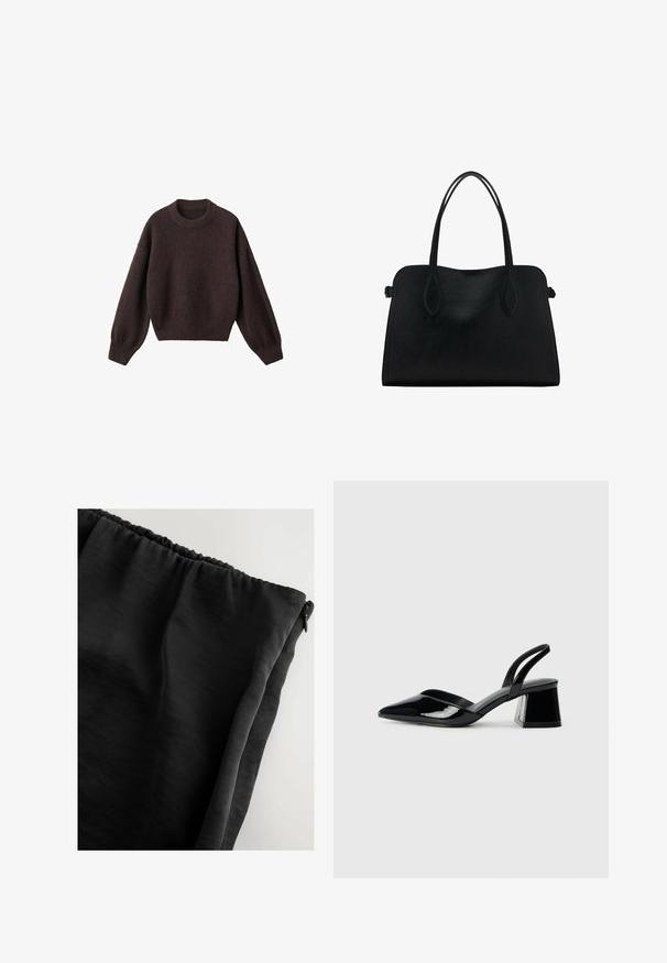 Rjav pleteni pulover z okroglim izrezom, spuščenimi rameni in rebrastimi manšetami. Mehka tekstura, skrajšan dizajn in ohlapen kroj.; Črn material z gladko teksturo, elastični pas in zadrgo. Material je videti lahek in nekoliko prosojen.; Črne lakirane slingback pete s koničastim nosom in geometrijsko blokasto peto. Imajo eleganten, minimalističen dizajn in gladko teksturo.; Črna usnjena torbica z dvema naramnima trakoma, pravokotne oblike in minimalističnim dizajnom na beli podlagi.