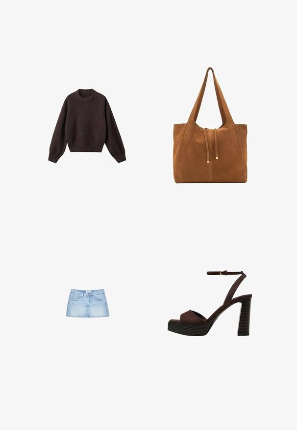 Hnedý pletený sveter s okrúhlym výstrihom, spustenými ramenami a rebrovanými manžetami. Mäkká textura, krátky strih a voľný fit.; Džínová mini sukňa vo svetlom odtieni modrej, s rovnym strihom, piatimi vreckami a predným zapínaním na gombík s pútkami na opasok. Hladká textúra.; Hnedé semišové sandále na vysokom podpätku s otvorenou špičkou, nastaviteľným členkovým remienkom a pruhovanou platformovou podrážkou.; Hnedá semišová taška cez rameno s dvoma dlhými popruhmi, sťahovacou šnúrkou a minimalistickým dizajnom. Hladký povrch a žiadne viditeľné kovové doplnky.
