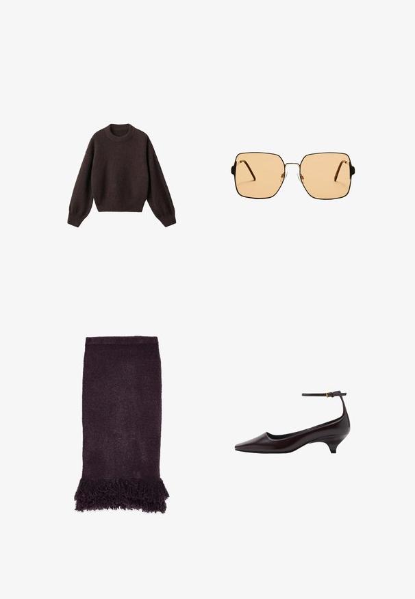 Brown knit sweater with a round neckline, dropped shoulders, and ribbed cuffs. Soft texture, cropped design, and loose fit.; Purple textured towel with a plush surface, featuring fringed edges at the bottom for added detail.; Dark brown pointed-toe leather kitten heel shoe with a thin ankle strap and a small gold buckle.; Square sunglasses with brown lenses and a thin black metal frame. Features angled temples and adjustable nose pads for comfort.; Mango Tote bag - dark brown