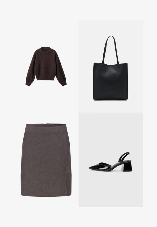 Brązowy sweter dziewiarski z okrągłym dekoltem, opadającymi ramionami i prążkowanymi mankietami. Miękka tekstura, krótki krój i luźny fason.; Kaffe - Spódnica trapezowa; Czarne lakierowane półbuty na obcasie z wydłużonym noskiem i geometrycznym słupkiem. Charakteryzują się eleganckim, minimalistycznym designem oraz gładką fakturą.; Czarna skórzana torba tote o gładkiej fakturze, prostokątnym kształcie i dwóch długich uchwytach. Brak widocznych elementów metalowych i ozdób.