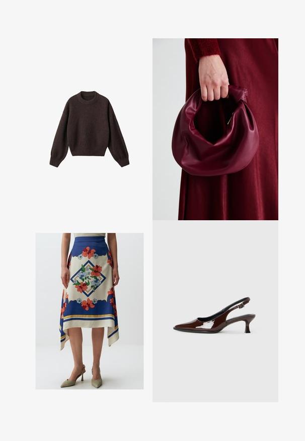Maglione a maglia marrone con scollo rotondo, spalle scese e polsini a costine. Texture morbida, design corto e vestibilità ampia.; Jimmy Key FLORAL PATTERNED MIDI - Gonna a campana - mixed; Scarpa slingback in pelle verniciata marrone con punta affusolata e tacco moderato. Presenta una fascia con fibbia per una calzata sicura. Tessuto liscio.; Borsa in pelle bordeaux con un design morbido e arricciato e una forma arrotondata. Il manico è fissato, mostrando una texture liscia.