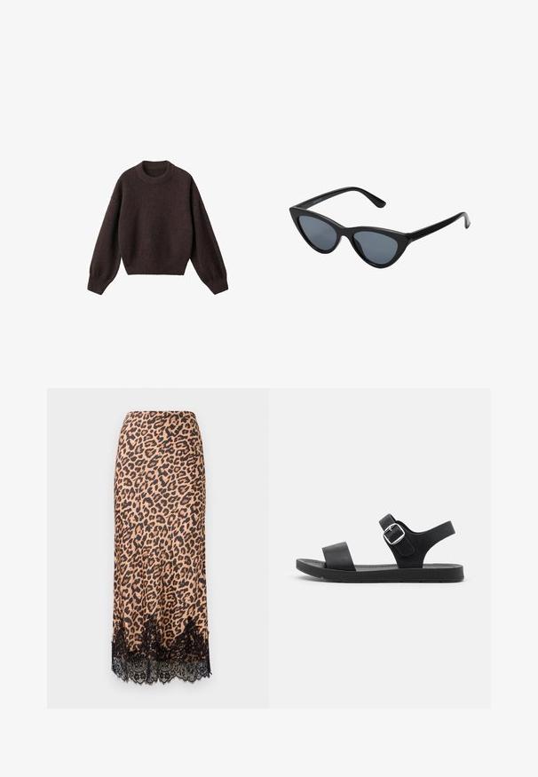 Brauner Strickpullover mit rundem Halsausschnitt, überschnittenen Schultern und gerippten Bündchen. Weiche Textur, kurzes Design und lockere Passform.; Midirock im Leopardenmuster aus glattem Stoff, mit einem schwarzen Spitzenbesatz, A-Linien-Schnitt und einem figurbetonten Bund.; Schwarze Sandalen mit flacher Sohle, verstellbarer Schnalle, zwei breiten Riemen und glatter Textur, die für Komfort und einfaches Tragen ausgelegt sind.; Schwarze Cat-Eye-Sonnenbrille mit dunkelgrauen Gläsern, schlankem Kunststoffrahmen, spitzen Ecken und geraden Bügeln. Keine sichtbaren Befestigungen oder Akzente.; Schwarze Leder-Eimer-Tasche mit Kordelzugverschluss, ausgestattet mit einem glänzenden "CK"-Logo auf der Vorderseite und goldfarbenen Hardware-Akzenten.