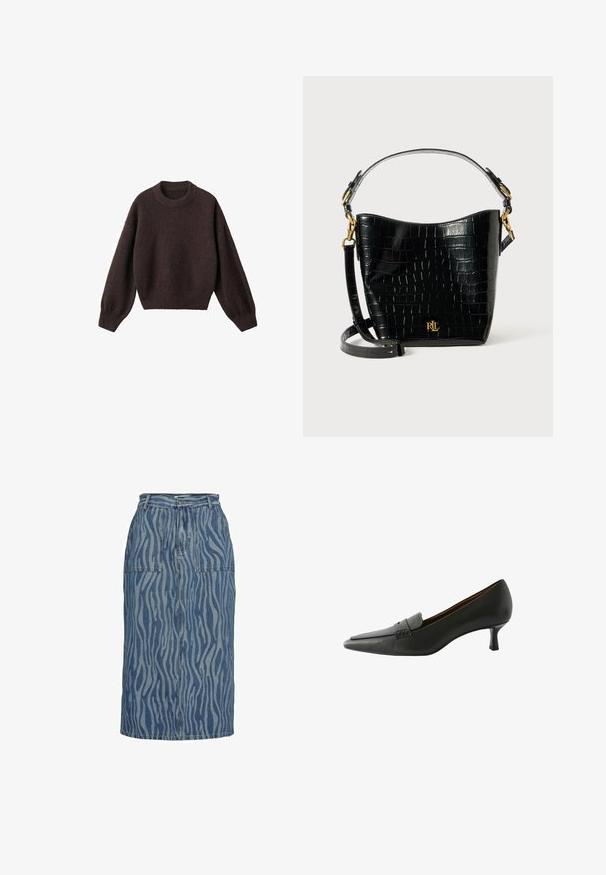 Brun stickad tröja med rund halsringning, sänkta axlar och ribbade ärmslut. Mjuk textur, kort design och lös passform.; Denim pennkjol med ett zigzagmönster i olika nyanser av blått, med hög midja, två framfickor och en rak skärning.; Svart läderklackskor med spetsig tå och dekorativ rem. Har en låg stilettklack och slät yta.; Svart krokodilpräglad läderväska med en bågformad design, guldfärgade detaljer, en justerbar rem och en logodetalj framtill.