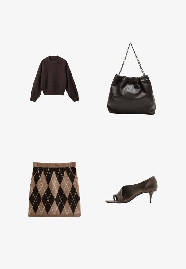 Brązowy sweter dziewiarski z okrągłym dekoltem, opadającymi ramionami i prążkowanymi mankietami. Miękka tekstura, krótki krój i luźny fason.; Spódnica dzianinowa z wzorem argyle w brązowo-beżowych odcieniach, z prążkowanym pasem i miękką teksturą. Prostokątny kształt, długość do kolan.; Brązowy skórzany but na wysokim obcasie z otwartym palcem, o gładkiej teksturze i smukłym obcasie szpilce. Posiada wycięty design i minimalistyczny kształt.; Brązowa skórzana torba z marszczonym szczytem i łańcuszkowym paskiem. Gładka tekstura z błyszczącym wykończeniem i subtelnymi detalami szwów po bokach.