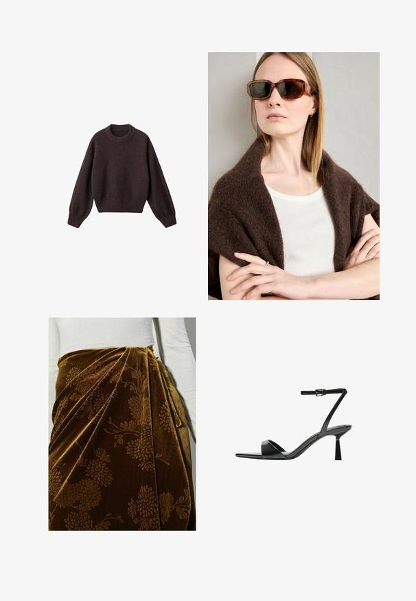 Maglione a maglia marrone con scollo rotondo, spalle scese e polsini a costine. Texture morbida, design corto e vestibilità ampia.; Gonna in velluto marrone con motivo floreale, caratterizzata da pieghe e un design drappeggiato. La superficie testurizzata esalta i dettagli ornati.; Bershka Sandali con tacco - black; Occhiali da sole tartarugati marroni con montatura angolare, lenti scure e accenti in metallo. Indossati con un top cream e uno scialle scuro.; Borsa a spalla in pelle beige con forma a mezzaluna, texture liscia e un'unica maniglia curva. Presenta una chiusura con zip e cuciture curate.