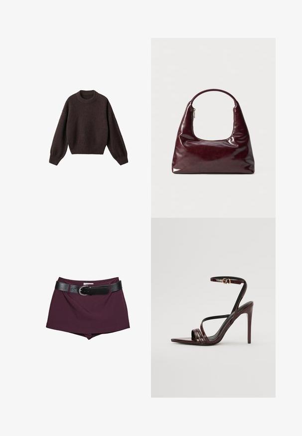 Bruine gebreide trui met een ronde halslijn, verlaagde schouders en geribbelde boorden. Zachte textuur, cropped ontwerp en losse pasvorm.; Bordeauxrode shorts met een zwarte leren riem. Het ontwerp heeft een gladde textuur en een aansluitende vorm, met een brede riem die met een gesp is vastgemaakt.; Bordeaux gepatineerde leren hoge hakken sandaal met een enkelbandje, puntige neus en drie horizontale banden over de voet. Details met gouden gesp.; Bordeaux lederen handtas met een glanzende afwerking, afgeronde handgreep en een ritsopening aan de bovenkant; heeft een slank, minimalistisch ontwerp.