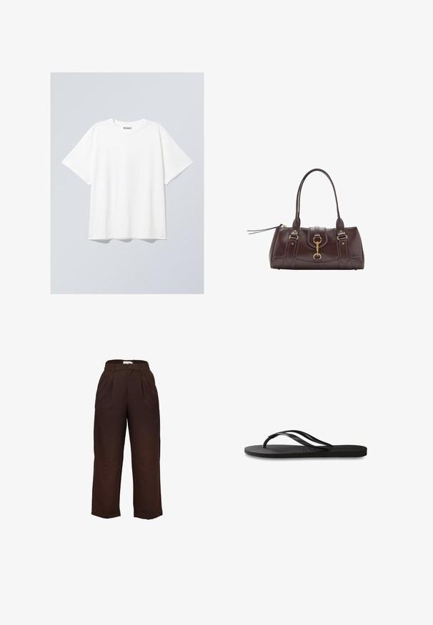 Brązowy sweter dziewiarski z okrągłym dekoltem, opadającymi ramionami i prążkowanymi mankietami. Miękka tekstura, krótki krój i luźny fason.; Biała bawełniana koszulka z luźnym krojem, krótkimi rękawami i okrągłym dekoltem. Posiada subtelną metkę marki przy dekolcie.; Spodnie o wysokim stanie, w ciemnym brązowym kolorze, z szerokimi nogawkami, z pętelkami na pasek i fałdami z przodu, wyeksponowane na białym tle.; Czarne klapki z teksturowaną gumową podeszwą, dwiema smukłymi paskami oraz subtelnym, wytłoczonym logo na pasku.; Ciemnobrązowa skórzana torebka z dwoma górnymi uchwytami, złotymi akcentami metalowymi, detalem z zatrzaskiem z przodu oraz wyszywanymi teksturami po bokach.; Metaliczny srebrny wisiorek o teksturowanym, organicznym kształcie zawieszony na czarnym sznurku. Regulowana długość z małymi srebrnymi akcentami.