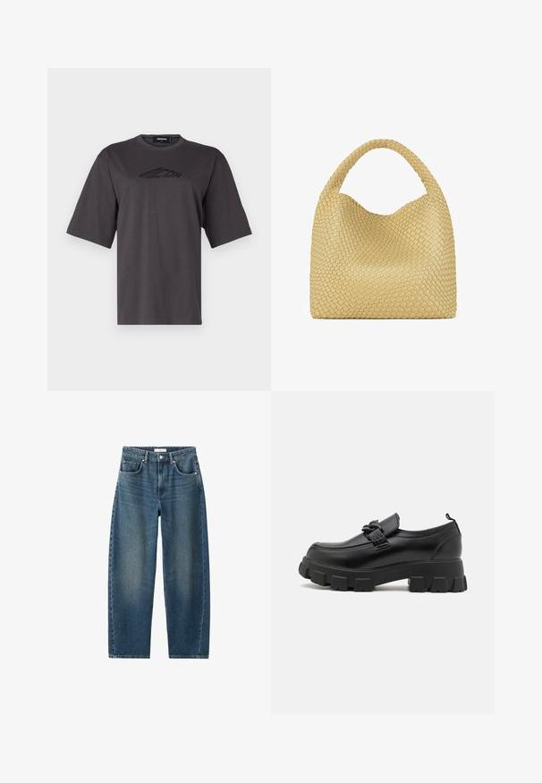 Brauner Strickpullover mit rundem Halsausschnitt, überschnittenen Schultern und gerippten Bündchen. Weiche Textur, kurzes Design und lockere Passform.; Graues Baumwoll-T-Shirt mit rundem Hals, kurzen Ärmeln und einem schwarzen Logo auf der Brust. Reguläre Passform und glatte Textur.; Dunkelblaue Denim-Jeans mit geradem Bein, Fünf-Taschen-Design und klassischem Knopfverschluss. Weiche Textur mit dezenten Verfärbungen.; Schwarzer Lederschuh mit einer klobigen, strukturierten Sohle und einem dekorativen Riemen über dem Obermaterial. Verfügt über einen leichten Absatz und eine Zuglasche hinten.; Gewebte gelbe Handtasche mit einem geschwungenen Oberhandgriff und einer unstrukturierten Form. Die strukturierte Oberfläche weist ein kreuz und quer Muster auf.