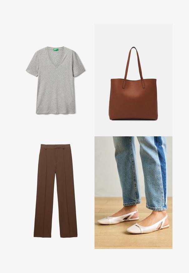 Brązowy sweter dziewiarski z okrągłym dekoltem, opadającymi ramionami i prążkowanymi mankietami. Miękka tekstura, krótki krój i luźny fason.; United Colors of Benetton - T-shirt basic; Brązowe, szerokie spodnie z gładkiego materiału; mają wyłożone pliski z przodu i płaski pas z szlufkami na pasek.; Jasnoróżowe baleriny na odkrytej pięcie z wąskim noskiem, wykonane z gładkiego materiału imitującego skórę. Posiadają wycięcia po bokach oraz płaski obcas.; Brązowa skórzana torba tote o gładkiej fakturze, z otwartym wierzchem i dwoma ramiączkami. Charakteryzuje się minimalnym przeszyciem i brakiem widocznych elementów metalowych.